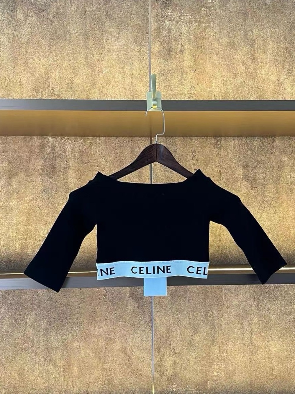 Celine Black Crop Top with White Branded Hem